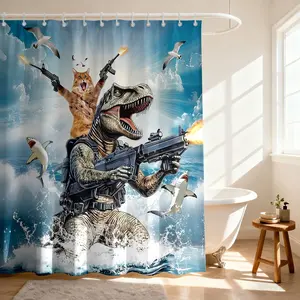 1pc Dinosaur and Cat Pattern Removable Shower Curtain, Waterproof Bathroom Curtain with Hooks, Bathroom Accessory, Decoration for Home, Hotel, Apartment, Dorm and Spa