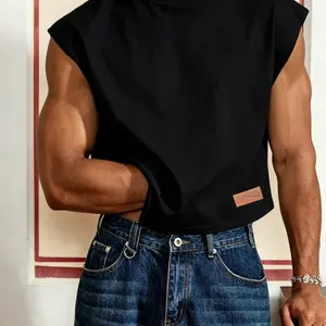 Men Black Cutoff Cap Sleeve Cropped Tank Top, Loose Fit Leather Patch Tag Minimalist Casual Summer 2026 Tee, Soft Comfortable Durable Washable Fabric Vest, Fashion Streetwear Top