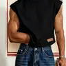 Men Black Cutoff Cap Sleeve Cropped Tank Top, Loose Fit Chic Casual Fit Leather Patch Tag Minimalist Casual Summer 2026 Tee, Soft Comfortable Durable Washable Fabric Vest