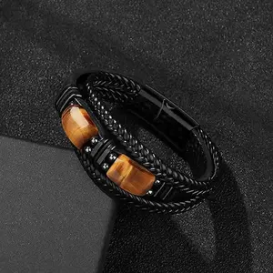 Men's Natural Tiger Eye Stone Handcrafted Braided Leather Multilayer Bracelet Magnetic Clasp Bangle Father's Day Gifts