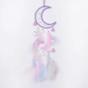 Pretty Jolly Purple Moon Kids Dream Catcher Wall Decor Pompom Feather Baby Dreamcatcher Handmade Children Dream Catcher Home Décor Wall Hanging for Nursery Bedroom Boys Girls Birthday Gift-25.6in