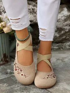 Women's Cross Strap Embroidered Ballet Flats, All Season Knit Mary Jane Low Top Round Toe Shoes, Soft Rubber Sole, Casual Wear