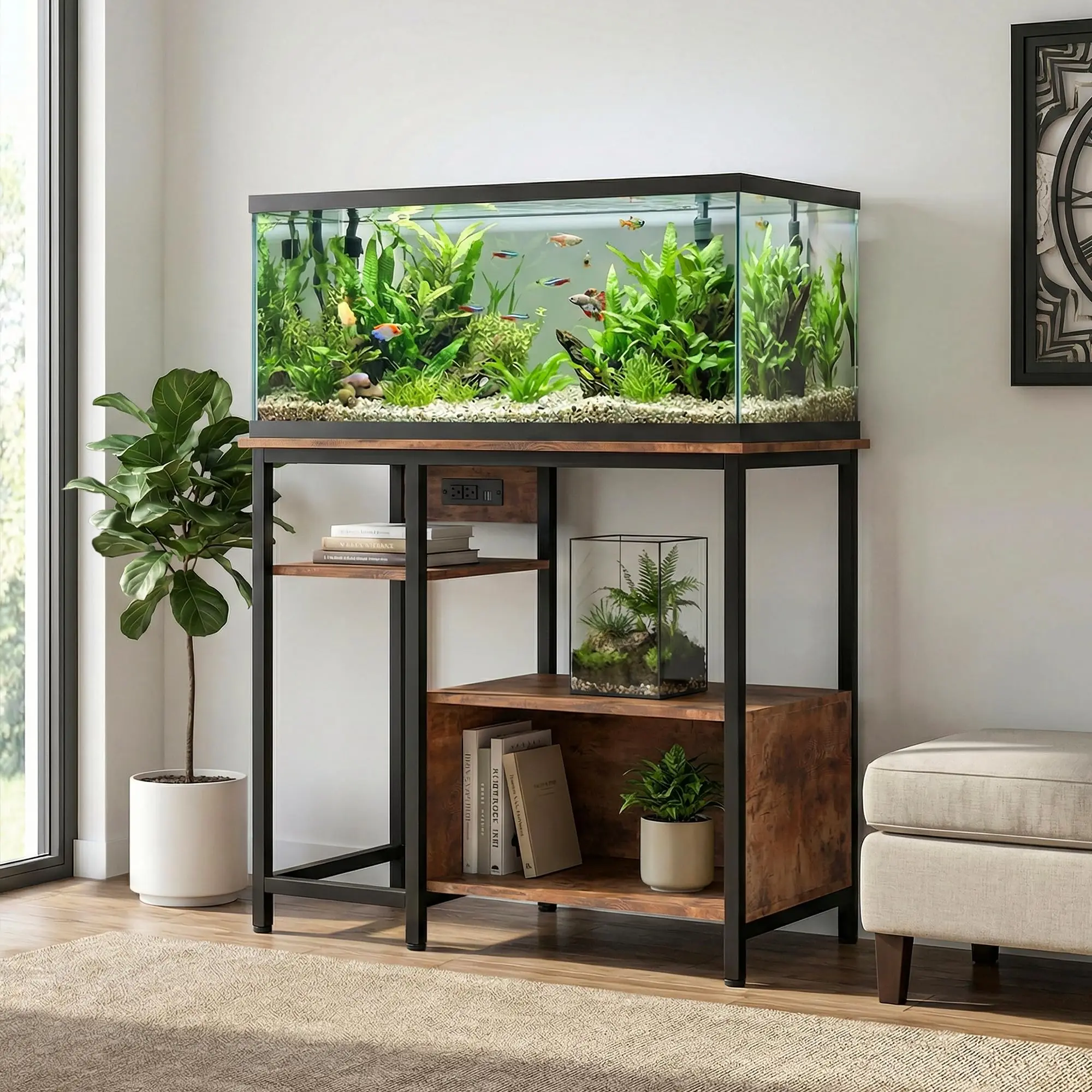 Heavy Duty 40-50 Gallon Aquarium Stand – 4-Tier Metal & Wood Open Storage Shelves, Built-In Power Outlets, Sturdy Legs, Multi-Purpose Rack for Fish Tank, Terrarium & Home Storage - Rustic Brown