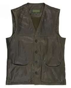 MotorCycleJackets Mens Green Leather Gilet Vest