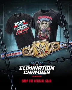 WWE Elimination Chamber Elimination Chamber Chicago Showdown Where WWE Superstars Risk Careers Inside Steel Chaos Battling for Glory Championships and Legacy 230gsm Premium Cotton Streetwear Official Event Tee Shop Now graphic