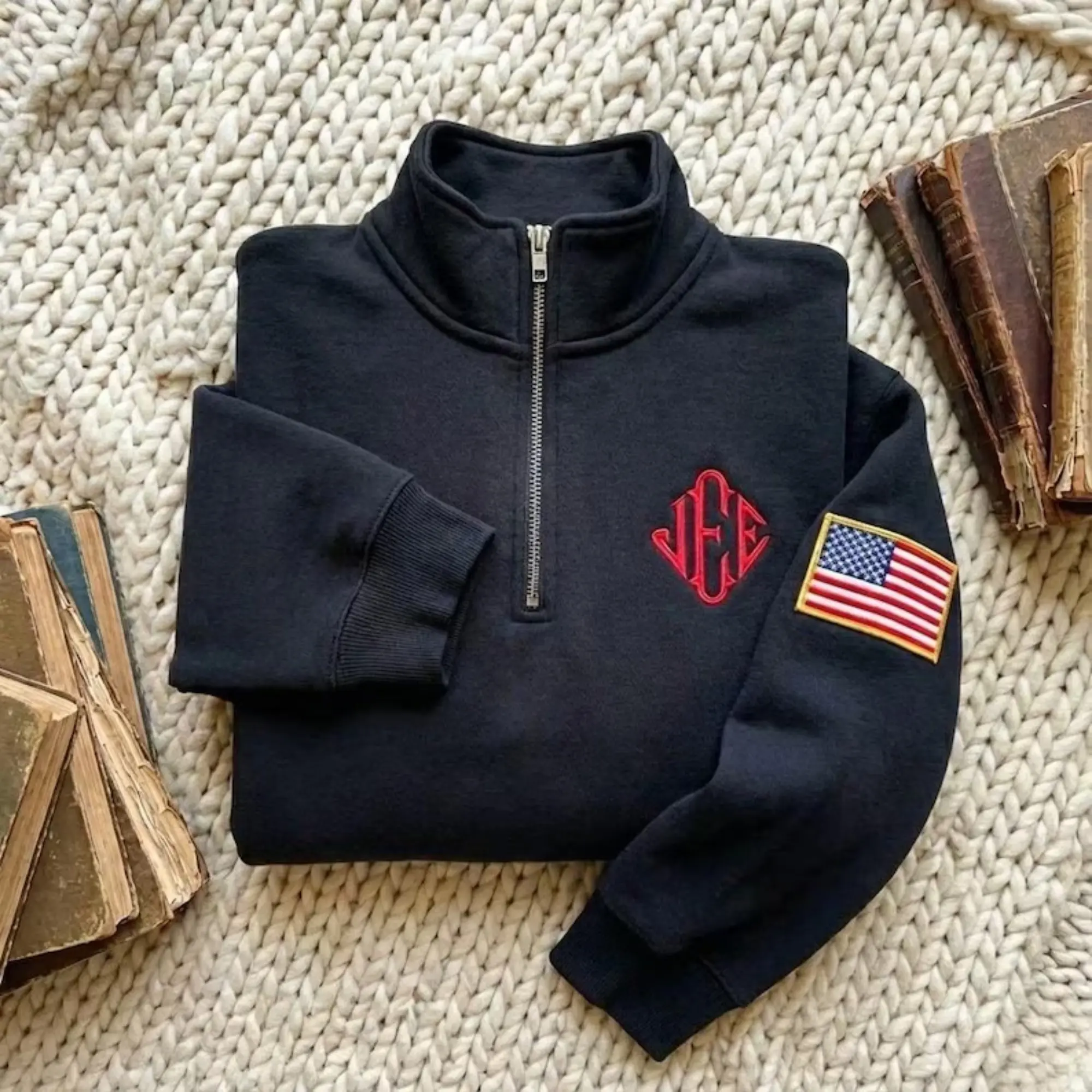 Men's Monogram Quarter Zip Black Sweatshirt J.E.E Embroidered USA Flag Sweater, Initials Personalized Gift for Him