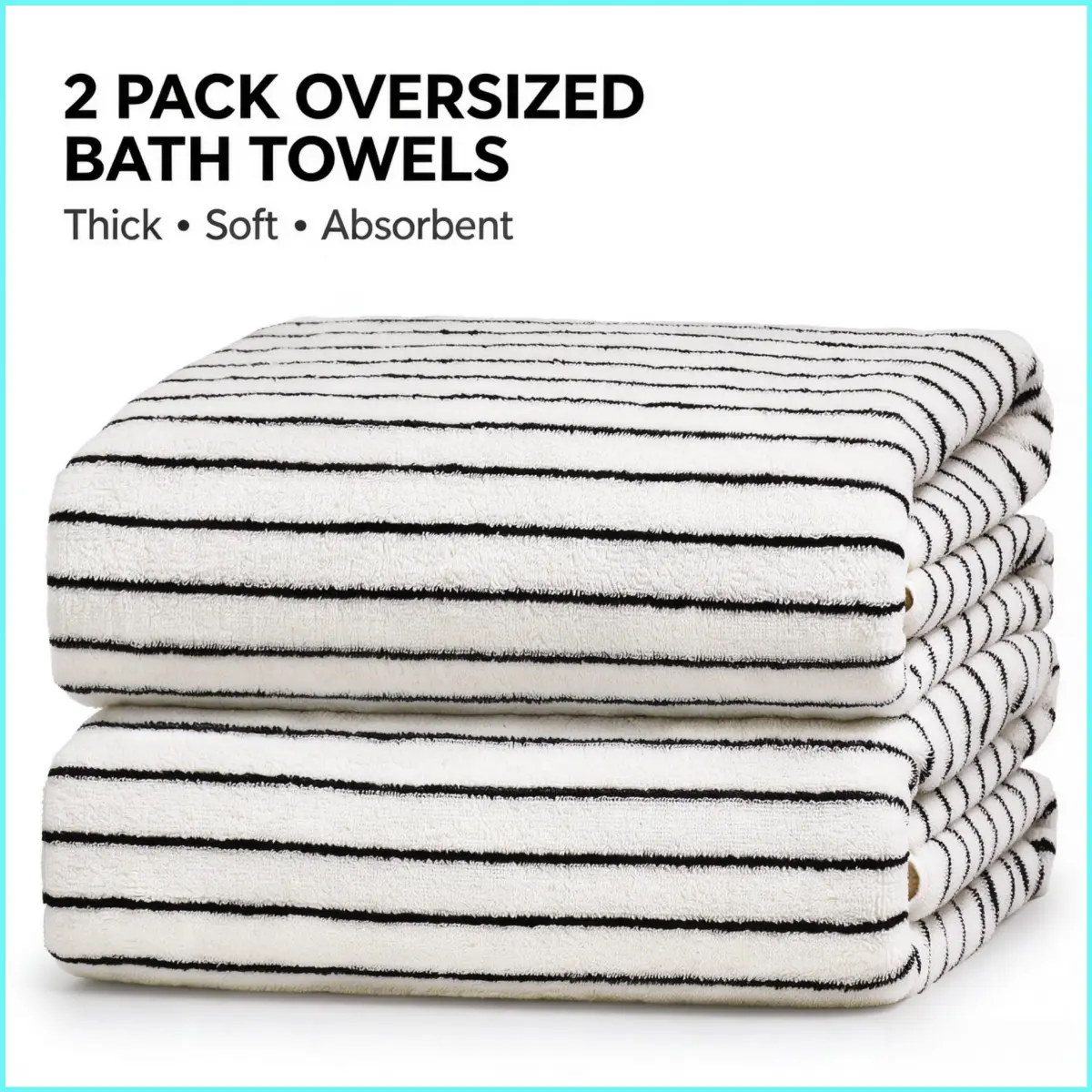 Oversized Striped Bath Towel, 2 Pack Extra Large Luxury Plush Bath Sheet for Adults, Ultra Soft Absorbent Quick Dry Terry Cloth, White with Black Thin Stripes, Ideal for Shower, Pool, Beach, Spa, Hotel & Daily Home Bathroom Use