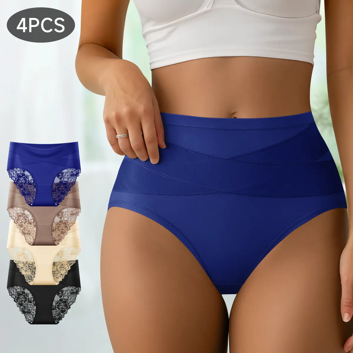 4-pack Women's Breathable High-waisted Briefs, Lace Panel Women's Briefs, Solid Color Fashion Briefs, Suitable for Daily Wear- Suitable for Postpartum and Body Shaping Support Women's Briefs 1362 Black Elegant thong sheer mesh underwear for women