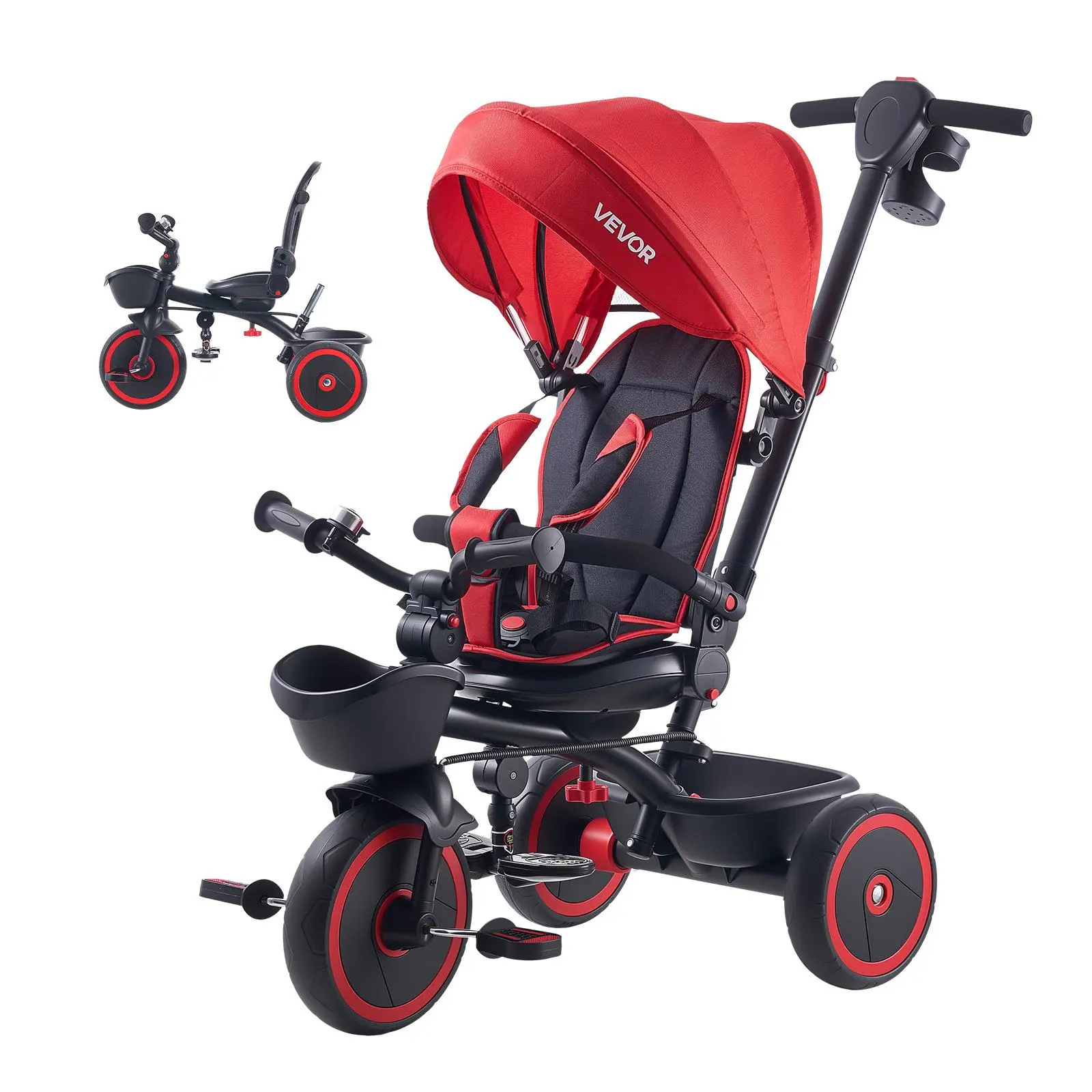 【toolupgrade】VEVOR Toddler Tricycle & Stroller for 1-5 Year Old, 6-in-1 Kids Trike with Parent Push Handle, Canopy, Adjustable Seat and Storage, Tricycle for Toddlers, Birthday Toy for Boys and Girls, Red/Black