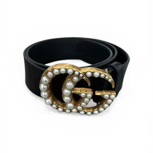 Pre-owned Gucci Leather Belt Marmont Faux Pearl Black Size 80