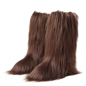 CELNEPHO Faux Fur Boots for Womens Fuzzy Fluffy Furry Knee High Boot Round Toe Flat Heels Easy Pull on Comfy Non Slip Warm Cozy Plush Party Outdoor Work Winter Fashionable Dressy Snow Shoes