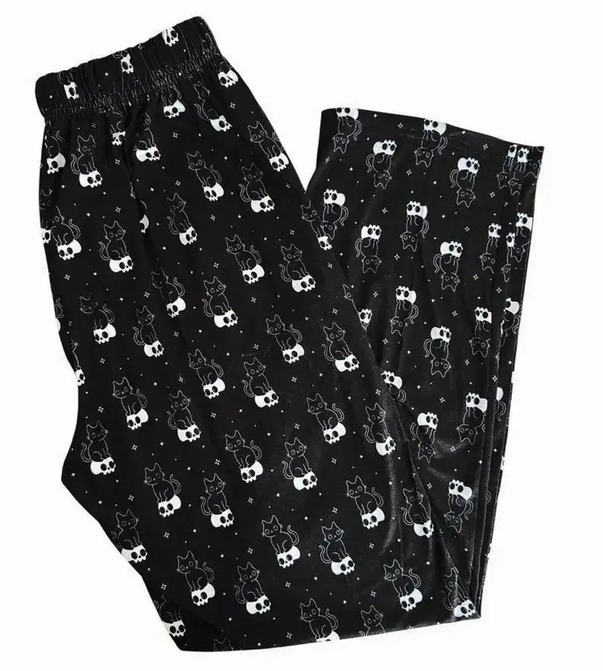 Gothic Cat Skull Pajama Pants, Spooky Cute Black Cat Print Lounge Pants, Unisex Wide Leg Casual Sleep Bottoms, Cozy All Season Comfortable Sleepwear For Men Women
