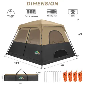4-6-8 Person Family Camping Tent with Instant Pop-Up Setup, 10x9FT 210D Oxford Waterproof PU2000mm & Fire Resistant, Mesh Screen Windows, Wind Ropes and Stakes Included, Khaki