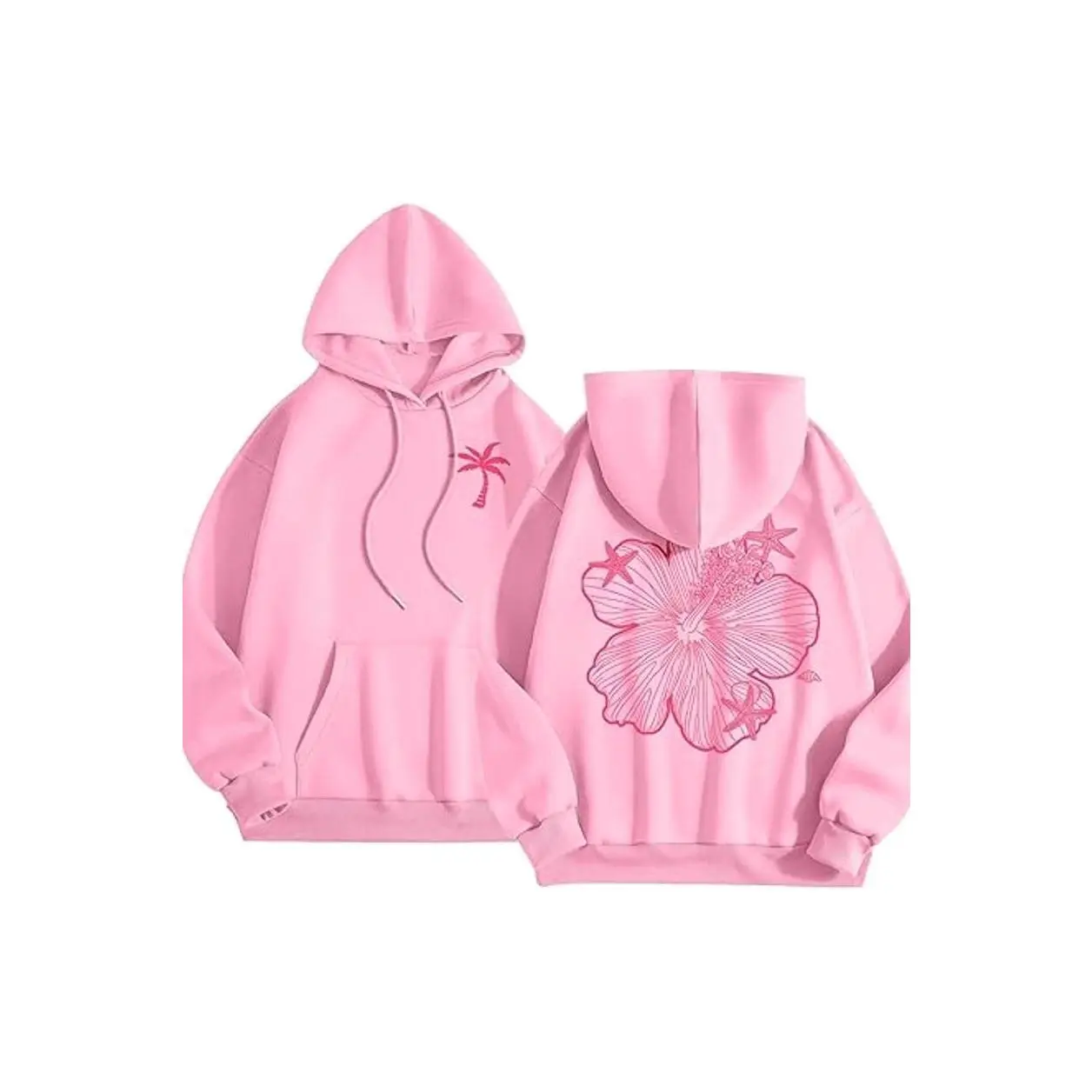 Pink Palm Puff Sweat à capuche pour adolescent et fille Sweat à capuche pour femme Sweat à capuche surdimensionné avec motifs de vie aquatique Imprimé Hauts mignons Sweats à capuche Loisirs Tops