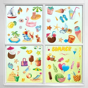 Summer Beach Theme Window Stickers Set, 9 Pieces with Palm Tree Ice Cream Pineapple Sailboat Designs, Removable Static Glass Decals for Home Decor