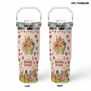 1pc 30oz The World of Strawberry Shortcake Tumbler with Handle, Full Character Friends Graphic Insulated Coffee Cup, Leakproof Foldable Straw Lid, Direct Drink Straw Spout, Retro Childhood Memory Gift for Birthday Holiday Friends Family Coworkers