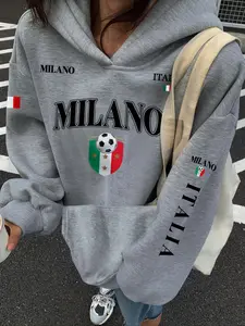 Women's Milano Football Hoodie, Italian Print Fleece Pullover, Sporty Loose Fit Casual Jacket, Fall & Winter Fashion