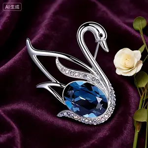 Swan Brooch for Women Luxurious Anti-Slip Pin Elegant Lapel Pin Suit Accessory Zinc Alloy with Synthetic Zirconia Blue Gemstone