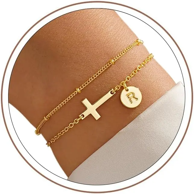 Turandoss Initial Cross Bracelets for Women Teen Girls, 14K-Gold-Plated Dainty Layered Disc Letter Cross Bracelet Baptism Christian Gifts for Women Confirmation Gifts for Teen Girls
