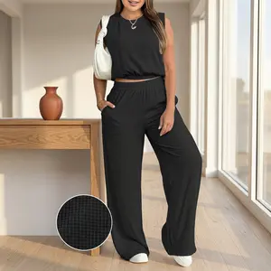 Women's 2-Piece Solid Color Tank Top & Wide Leg Pants Set, Womenswear Matching Casual Fashion Breathable Elastic Outfit for Daily Outdoor Wear, Ladies Clothes for Summer