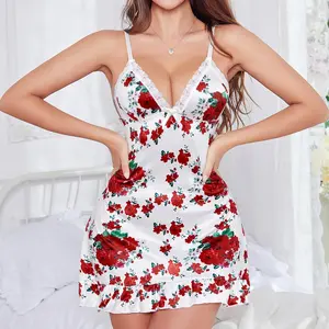 Sexy Rose Print Nightgown Women's Lace Trim Lingerie Criss Cross Cami Mini Dress Cute Bodycon Chemise Trendy Nightwear New