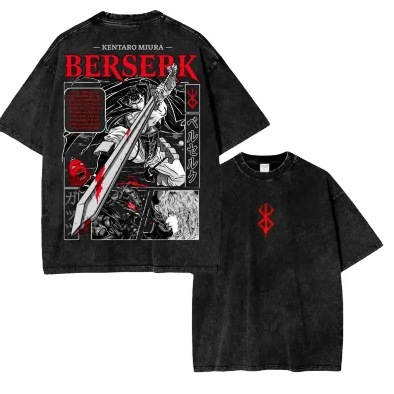Berserk Guts Classic Manga Graphic T Shirt Acid Wash Oversized Vintage Retro Heavyweight Cotton Tee Y2K Pump Cover Gym Apparel Dark Fantasy Streetwear Japanese Anime Loose Fit Summer Top For Men And Women Alt Goth Trendy Fits