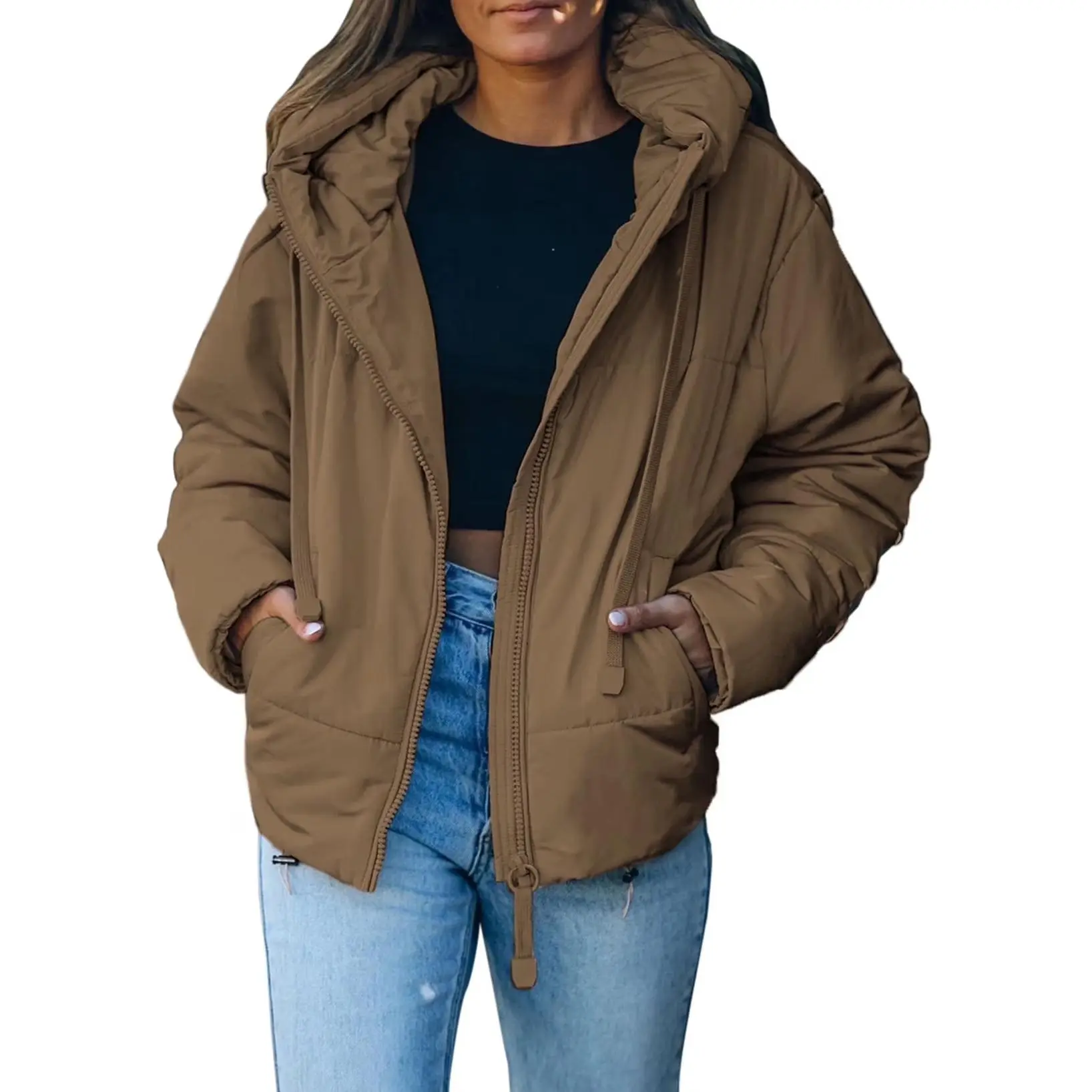 Full Zipper Puffer Jacket for Women Cropped Hooded Puffer Coat Winter Warm with Pockets Petite