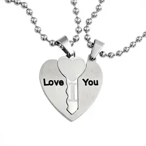 I Love You Words Puzzle Heart Key Pendant Couples Necklace Stainless Steel