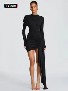 Women's Fashion Round Neck Ruched Long Sleeve Fitted Dress, Comfortable Elegant Spring & Fall, Perfect for Daily Wear, Vacation, Date, Party, Holiday