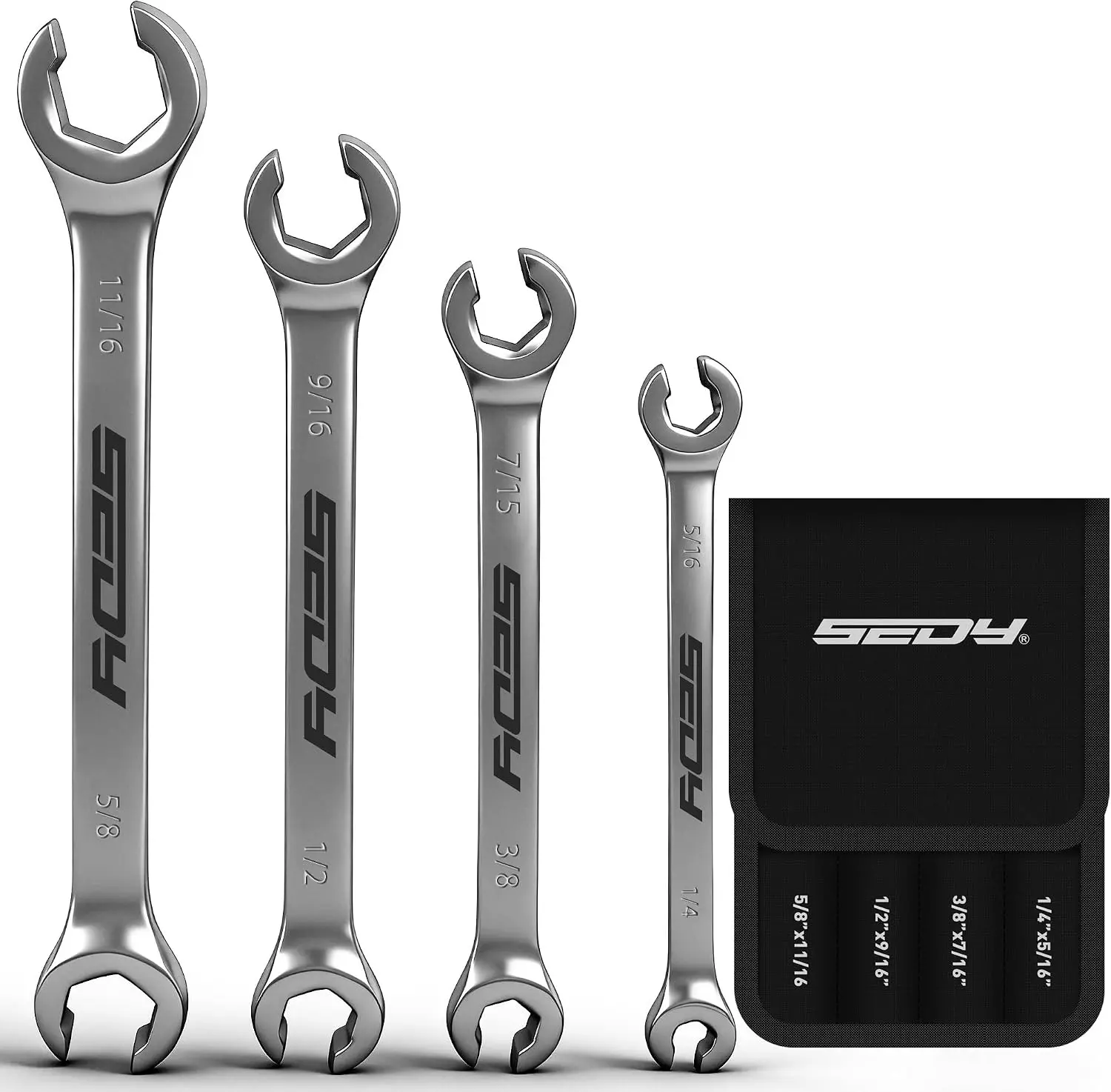 SEDY Hex Combination Wrench 8-Sizes Kit - Metric Offset Flare Nut Slim Spanners (9-17mm), CR-V Steel 1-Piece Handles Torque Tool, Storage Pouch Keeps Wrenches Sorted & Handy for Auto Repair Technicians (Slim Profile Fits Cramped Engine Bays)