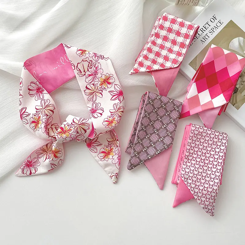 Women's Silky Satin Skinny Scarf - Hot Pink Gradient Argyle Print, 33" Neck Tie, Bag Handle Ribbon & Head Wrap | Affordable Fashion, Bridesmaid Proposals, Accessories for Women, Pink Girly Stuff, Kawaii Accessories, Narrow, 33X2.4", Barbiecore, 84Cm X 6Cm