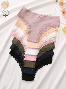 Comfortable Striped Cotton Bikini Panties 7pcs Set Sexy Lingerie with Bow Contrast Lace Mid Rise Brazilian Style for Couple Teen Bride