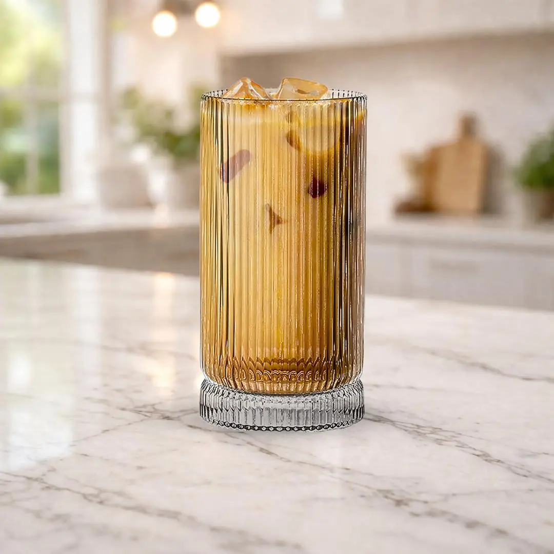 Aurora Ribbed Glass Tumbler 15 oz – Iced Coffee Glass, Aesthetic Highball Cup