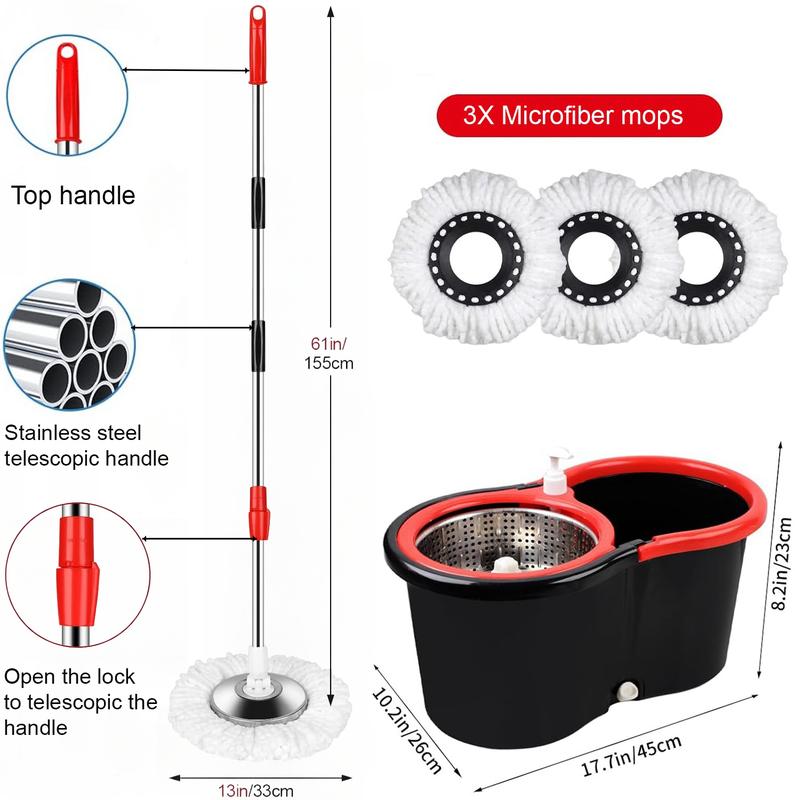Spin Mop and Bucket with Wringer Set, 360° Spinning Mop Bucket System with 3 Microfiber Mop Replacement Heads Refills, 61" Stainless Steel Extended Handle for Floor Cleaning Home Office(20QT)