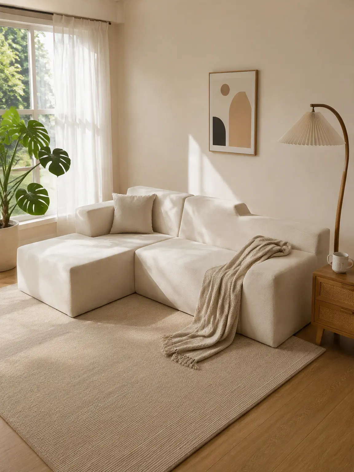 Modern Minimalist L-Shaped Corduroy Upholstered Sectional Sofa - 3-Seater High Back Contemporary Sectional, Foam+Spring Seat Soft Corduroy Comfy Couch, Beige Wide Stripe Living Room Furniture with Matching Pillows