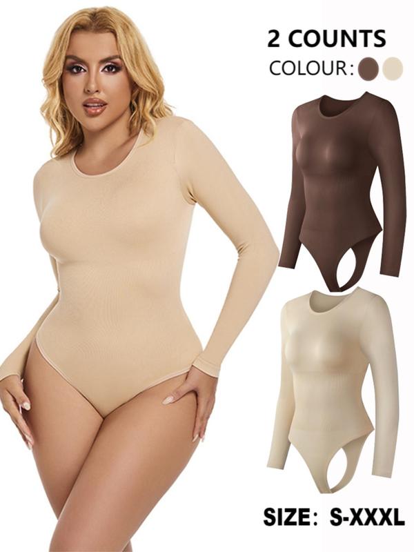 Women's Solid Round Neck Long Sleeve Shapewear Bodysuit, Body Sculpting Compression, Casual Comfy Tummy Control Bodysuit for Daily Wear, Women's Shapewear for All Seasons