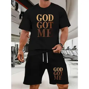 God Got Me Mens 2 Piece Matching Outfit Summer Short Set Graphic T Shirt and Shorts Tracksuit Style Lightweight Activewear Loungewear for Men Casual Vacation Sporty Beach Clothing Fabric Menswear Polyester Sleeve