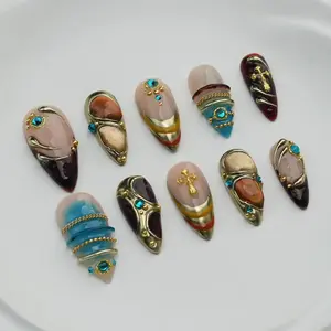 Luxury Vintage Gold Press On Nails | 3D Cross Charm Gemstone Nail Set | Handmade Gothic Glam Nails