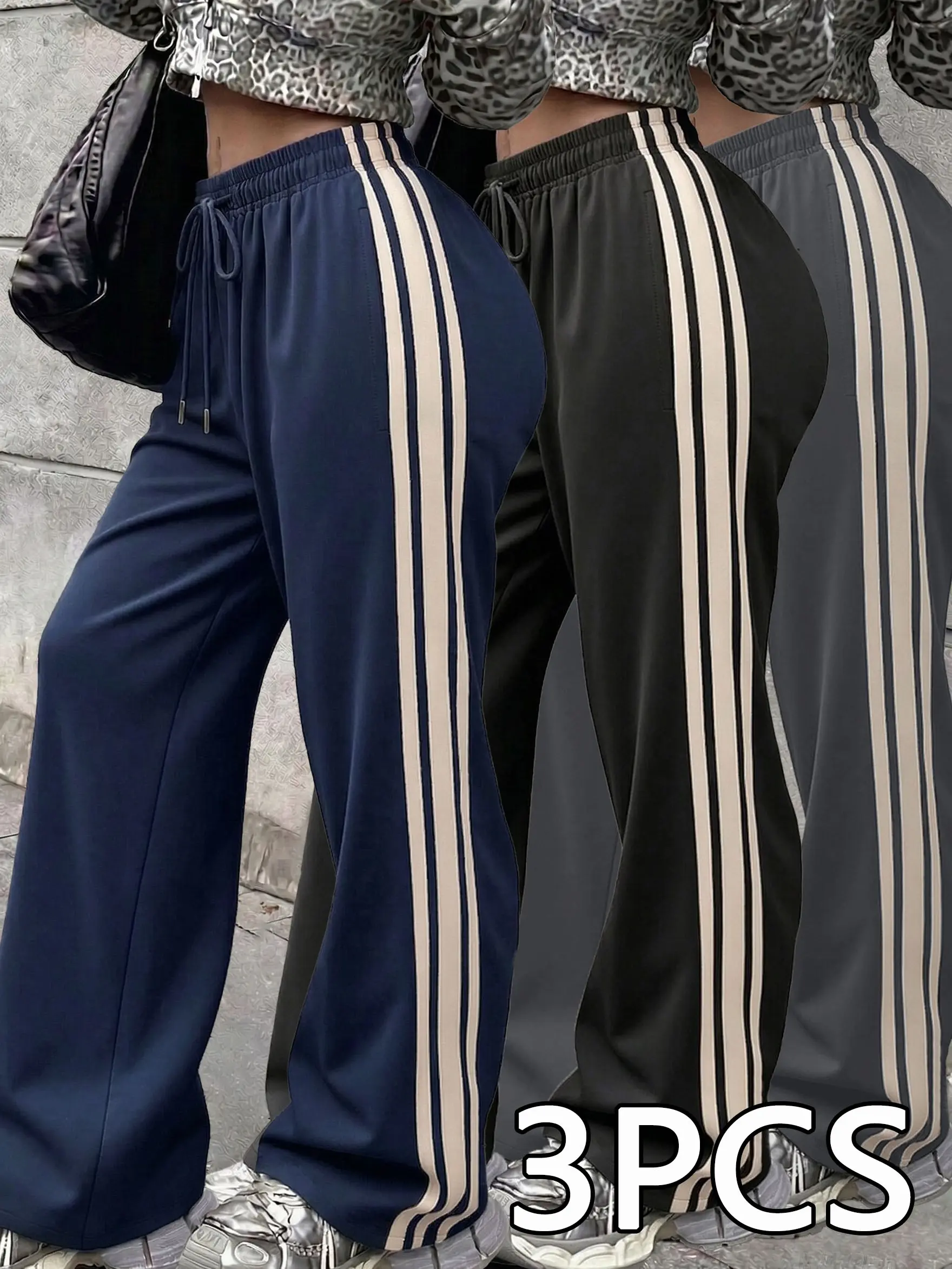 3-Pack Women's Pants in a Casual Loose Fit, Striped Patterned Wide-Leg Style with a High Waist and High Stretch, Pants For Women, Loose Fit Pants