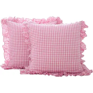 2 Pack Pink White Gingham Ruffle Euro Pillow Sham Covers, 100% Yarn-Dyed Washed Cotton Girls Lovely Checkered Farmhouse Pillow Covers for Bed/Sofa Envelope Closure - 26''x26''