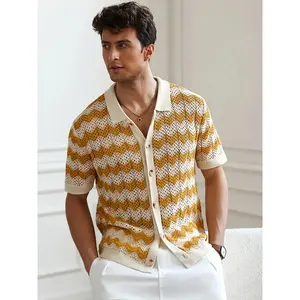 Men'S Casual Summer Acrylic Short Sleeve Polo Shirt with Yellow and White Chevron Pattern, Breathable Hollow Knit, Skinny Fit, Casual Attire | Chevron Pattern Shirt | Knit Texture, Plus Size