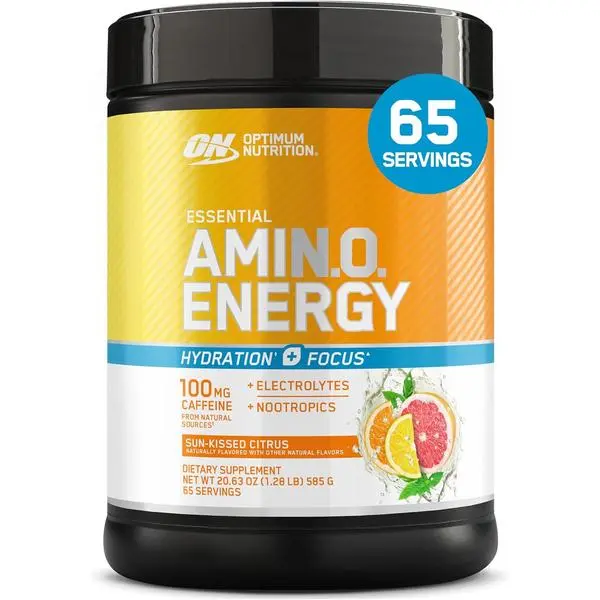 Optimum Nutrition Amino Energy Powder Plus Focus, with BCAA, Electrolytes, and Caffeine, Sunkissed Citrus, 65 Servings (Packaging May Vary)