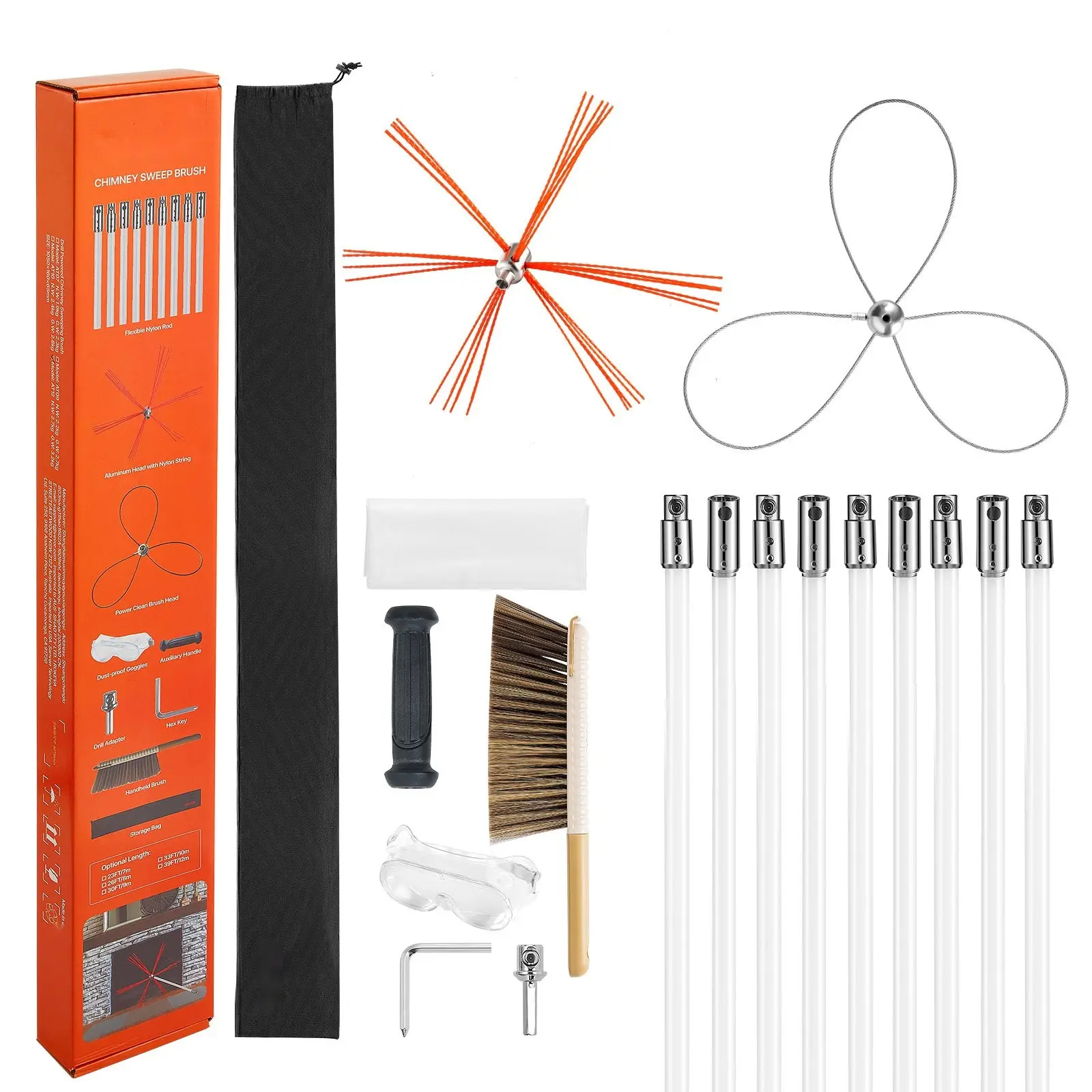 Chimney Cleaning Kit With 30 Ft Extendable Chimney Brush, Dual-Head Chimney Cleaner Sweeper, Goggles Included, Fireplace Cleaning Tool For Square, Rectangular, Round, And Arch Chimneys