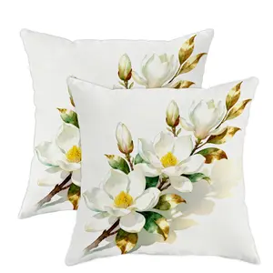 Jit 2pcs 2D Flat Magnolia Throw Pillow Covers, Floral Elegant Leaves Buds Design, Soft Velvety Material, Easy Care Washable Pillows