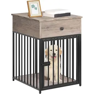 Crate Furniture, Wooden  House, Decorative  Kennel with Drawer, Indoor Pet Crate End Table for Small , Steel-Tube Puppy Cage, -Proof, Greige BG01GW03