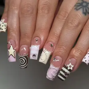 RT4 Coquette Candy Press-On Nails, Pink and White Sweetheart Design with Star Charms, Swirl Art and Crystal Details, Y2K Cute Girl Style, Handmade Statement Nails, Gift for Her