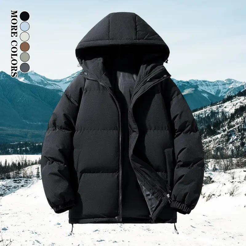 Men’s Winter Hooded Puffer Jacket - Menswear Coats, Quilted Stitching, Adjustable Hood, Elastic Cuffs, Zipper Closure, Side Pockets, Thick Warm Basic Stylish Casual Outerwear