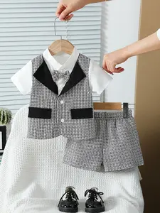 [3-Piece Set] Valentine's Day Outfit, Toddler Outfit, Baby Boys' Gentleman Suit, Vintage Elegant Style, Shirt + Waistcoat + Shorts + Bow Tie, Ideal for Birthday Parties, Wedding Pageboy Duties & Valentine's Day