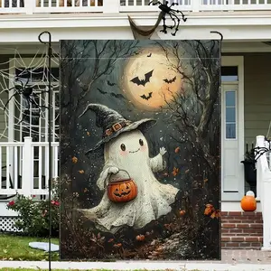 1pc Halloween Garden FlagSpooky Ghost With Witch Hat And Pumpkin Lantern Garden Flag For Halloween Decoration With Full Moon Night Scene And Flying