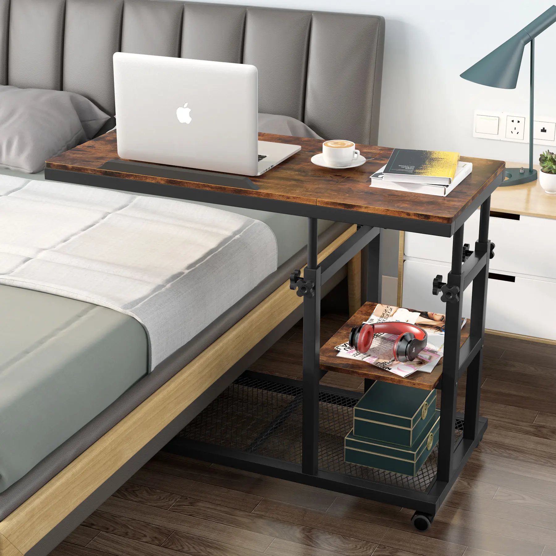LITTLE TREE Height Adjustable C Table with Wheels, Mobile Couch Snack Side Table with Tiltable Drawing Board, Sofa Bedside Laptop Stand C Shaped TV Tray with Storage Shelves